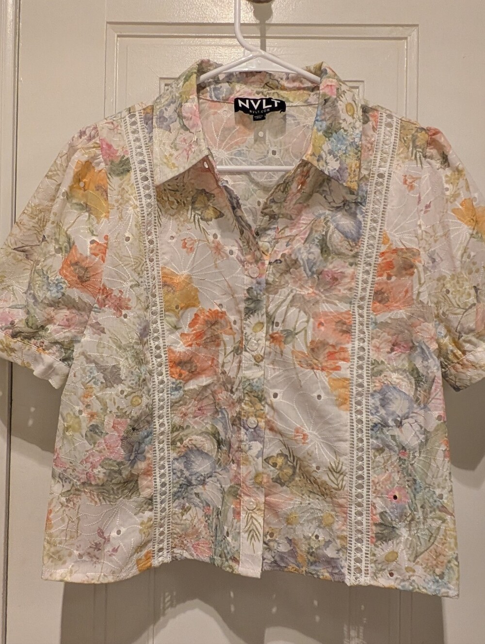 NVLT Women's Short-Sleeve Floral Button Front Top in Pastel Multi